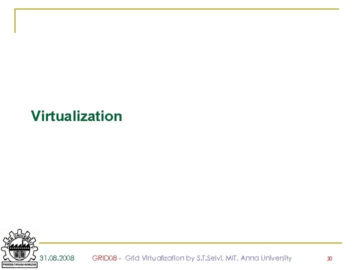 Virtualization 31. 08. 2008 GRID 08 - Grid Virtualization by S. T. Selvi, MIT,