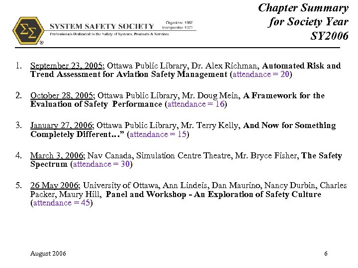 Chapter Summary for Society Year SY 2006 1. September 23, 2005; Ottawa Public Library,