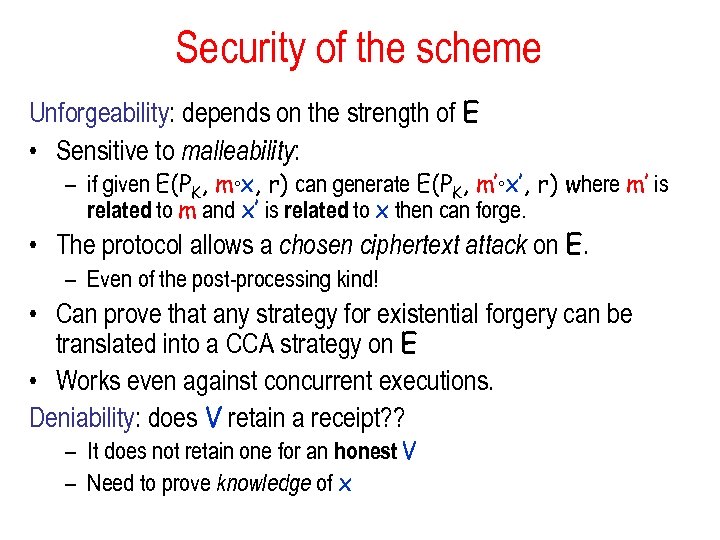 Security of the scheme Unforgeability: depends on the strength of E • Sensitive to