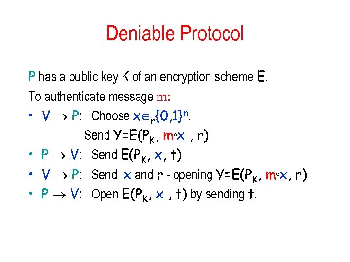 Deniable Protocol P has a public key K of an encryption scheme E. To