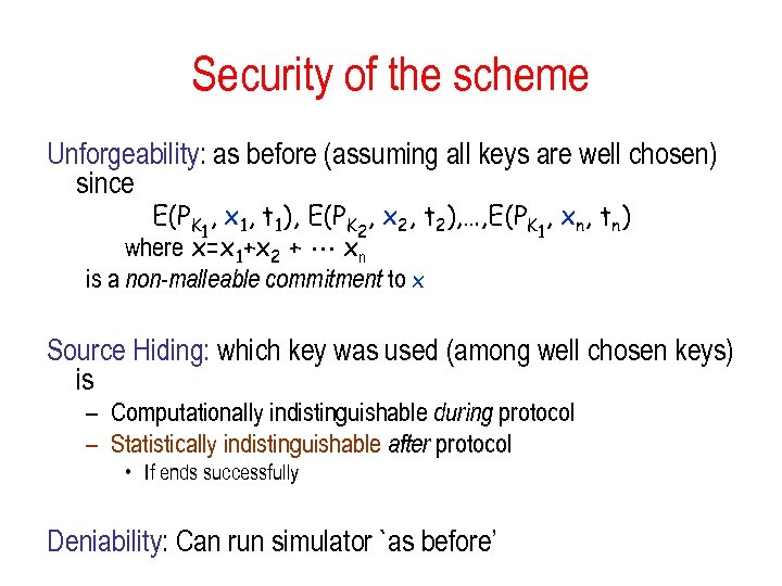 Security of the scheme Unforgeability: as before (assuming all keys are well chosen) since