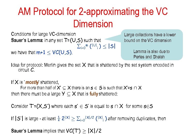 AM Protocol for 2 -approximating the VC Dimension Conditions for large VC-dimension Sauer’s Lemma: