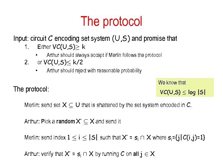 The protocol Input: circuit C encoding set system (U, S) and promise that Either