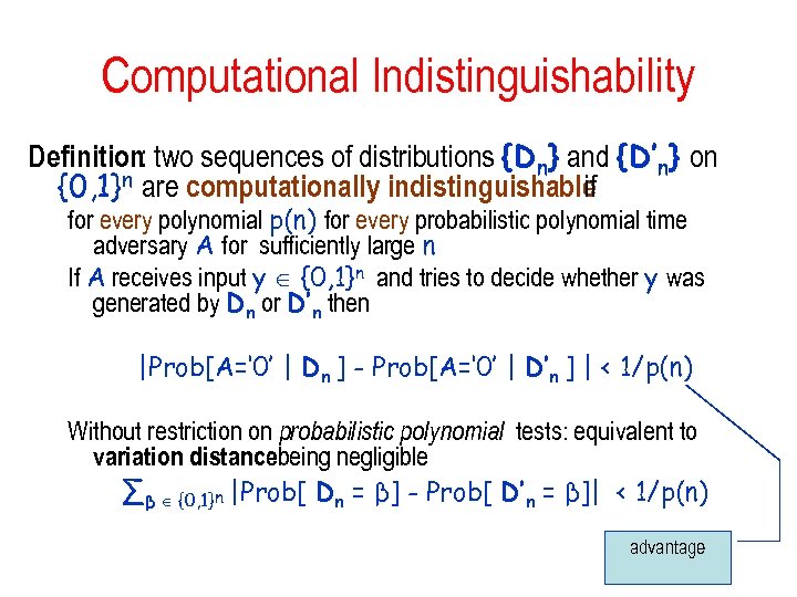 Computational Indistinguishability Definition: two sequences of distributions {Dn} and {D’n} on {0, 1}n are