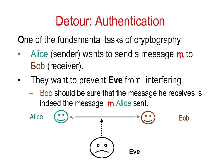 Detour: Authentication One of the fundamental tasks of cryptography • Alice (sender) wants to