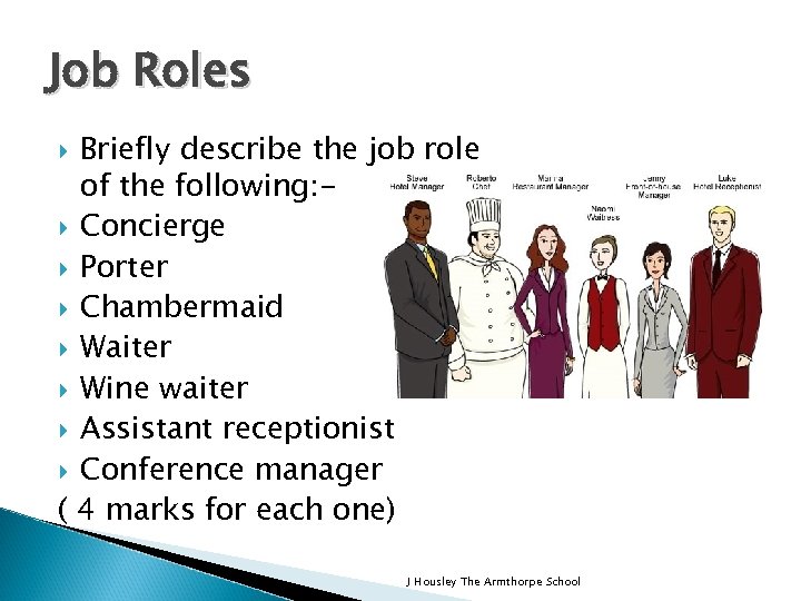 Job Roles Briefly describe the job role of the following: Concierge Porter Chambermaid Waiter