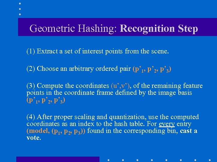Geometric Hashing: Recognition Step (1) Extract a set of interest points from the scene.