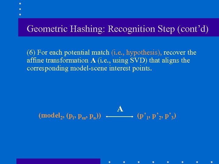 Geometric Hashing: Recognition Step (cont’d) (6) For each potential match (i. e. , hypothesis),