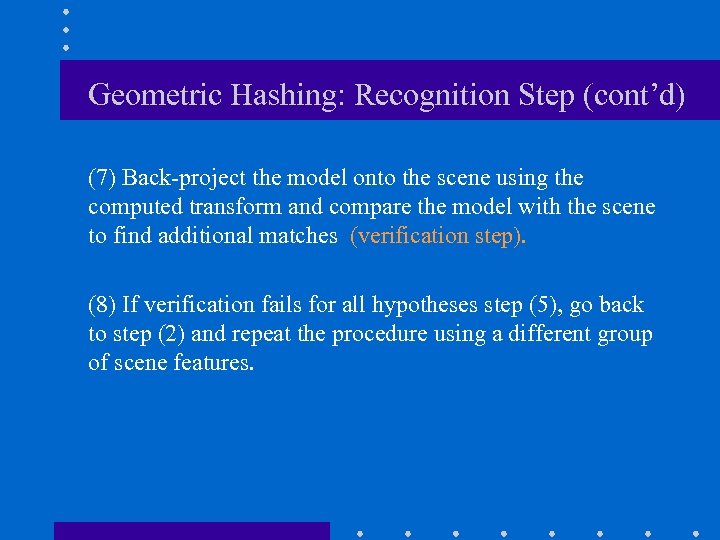 Geometric Hashing: Recognition Step (cont’d) (7) Back-project the model onto the scene using the