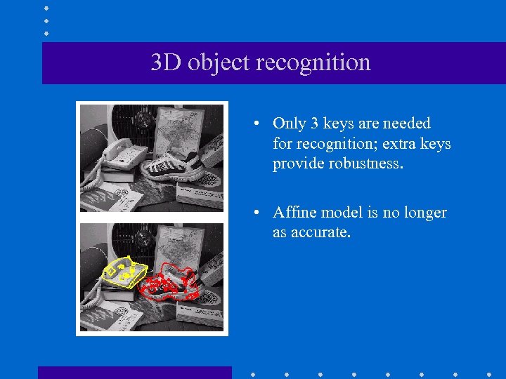 3 D object recognition • Only 3 keys are needed for recognition; extra keys
