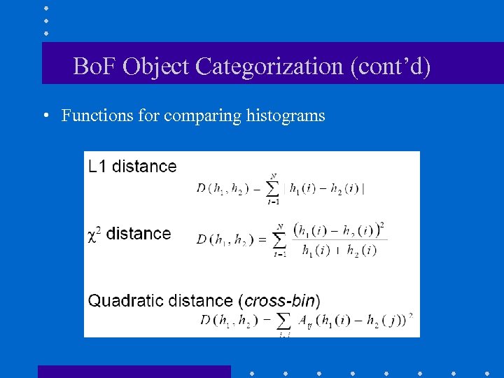 Bo. F Object Categorization (cont’d) • Functions for comparing histograms 
