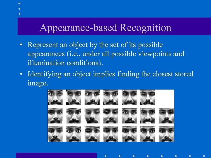 Appearance-based Recognition • Represent an object by the set of its possible appearances (i.