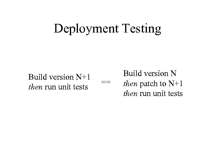 Deployment Testing Build version N+1 then run unit tests == Build version N then