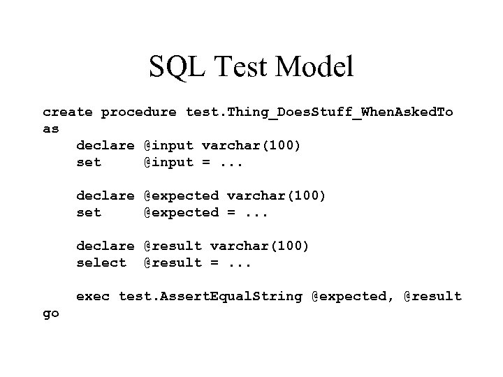 SQL Test Model create procedure test. Thing_Does. Stuff_When. Asked. To as declare @input varchar(100)