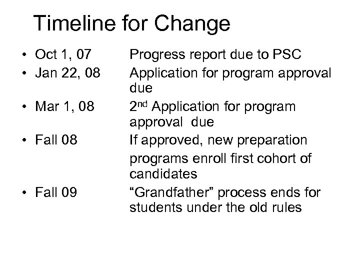 Timeline for Change • Oct 1, 07 • Jan 22, 08 • Mar 1,