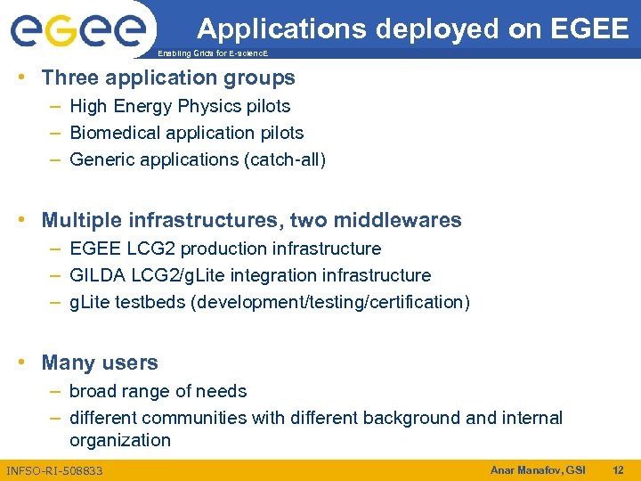 Applications deployed on EGEE Enabling Grids for E-scienc. E • Three application groups –