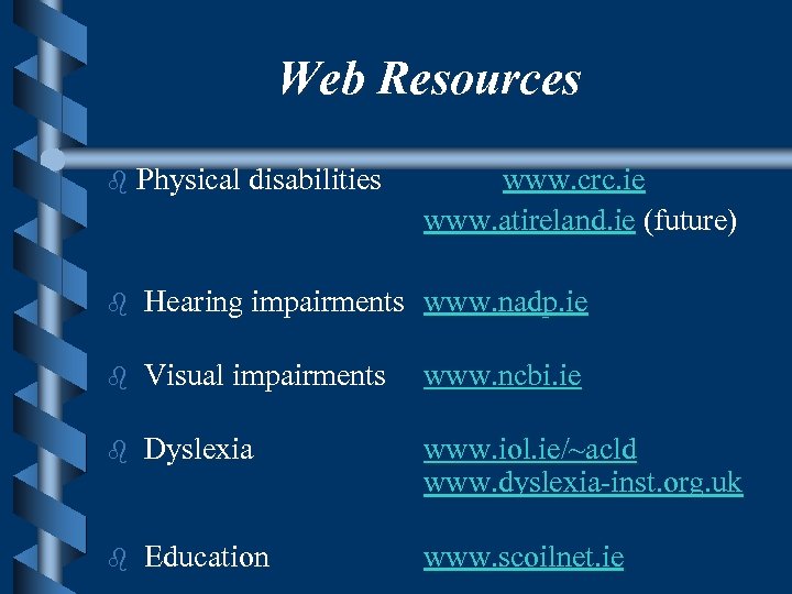Web Resources b Physical disabilities www. crc. ie www. atireland. ie (future) b Hearing