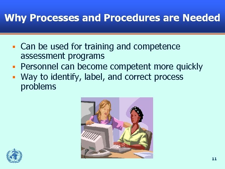 Why Processes and Procedures are Needed Can be used for training and competence assessment