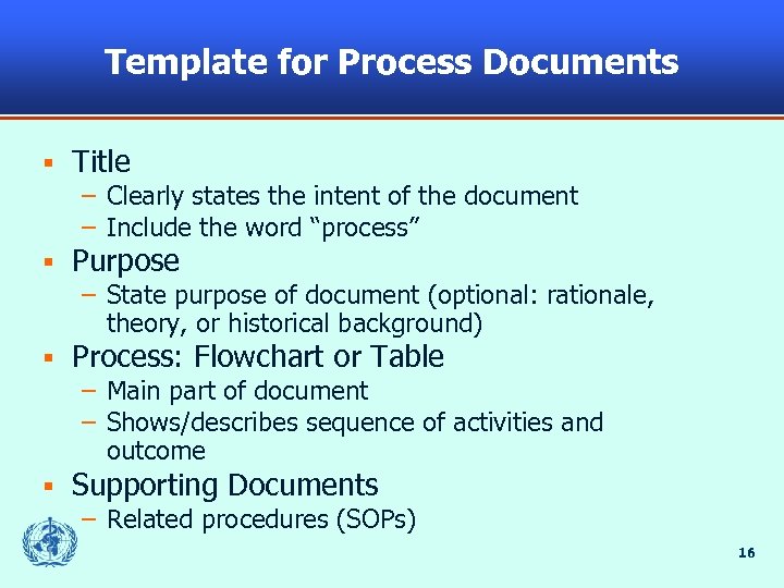 Template for Process Documents § Title – Clearly states the intent of the document