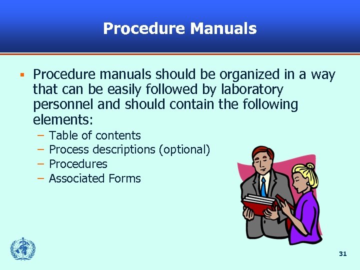 Procedure Manuals § Procedure manuals should be organized in a way that can be