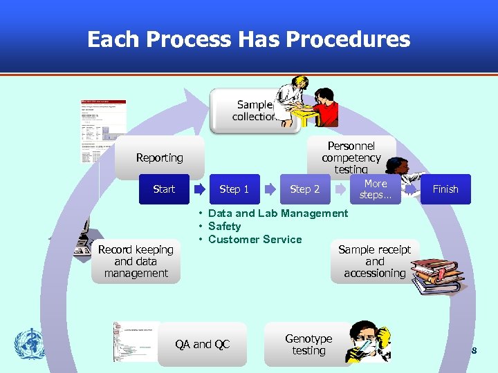 Each Process Has Procedures Sample collection Personnel competency testing Reporting Start Record keeping and