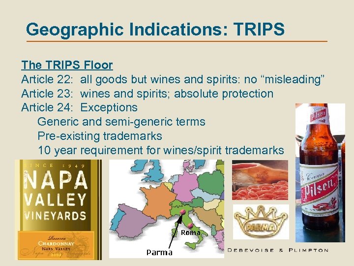 Geographic Indications: TRIPS The TRIPS Floor Article 22: all goods but wines and spirits: