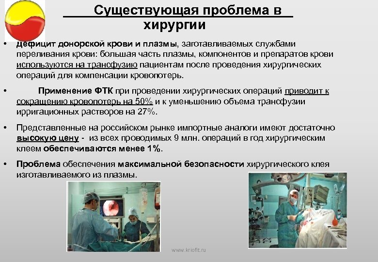 Существующая проблема в хирургии • Дефицит донорской крови и плазмы, заготавливаемых службами переливания
