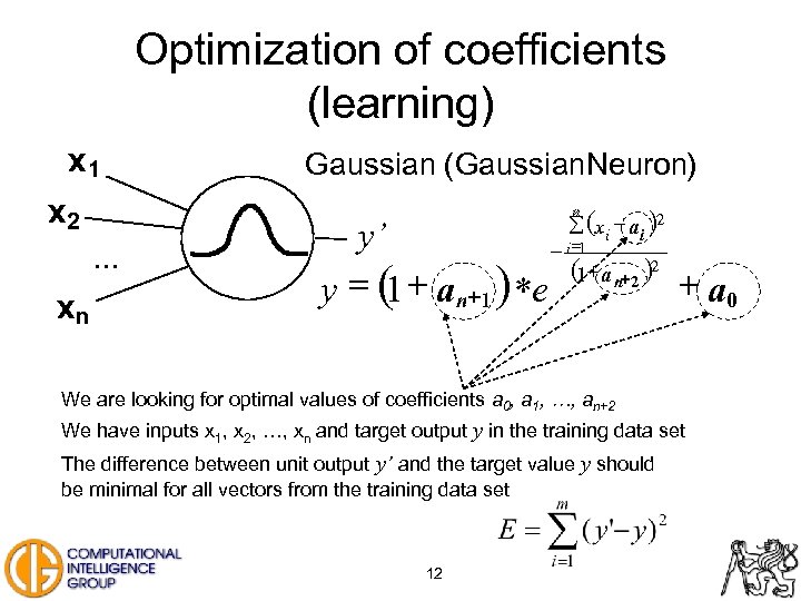 Optimization of coefficients (learning) x 1 x 2. . . xn Gaussian (Gaussian. Neuron)