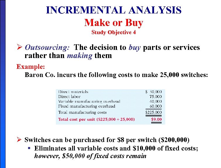 INCREMENTAL ANALYSIS Make or Buy Study Objective 4 Ø Outsourcing: The decision to buy