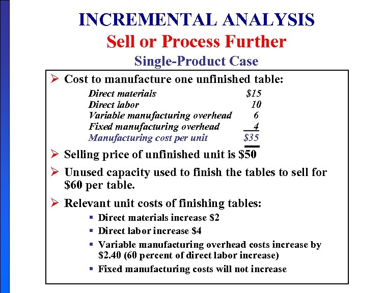 INCREMENTAL ANALYSIS Sell or Process Further Single-Product Case Ø Cost to manufacture one unfinished