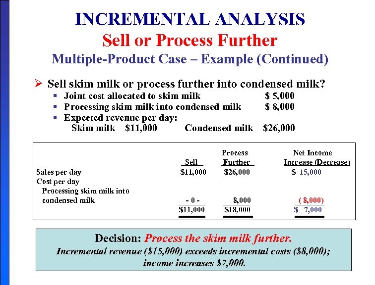 INCREMENTAL ANALYSIS Sell or Process Further Multiple-Product Case – Example (Continued) Ø Sell skim