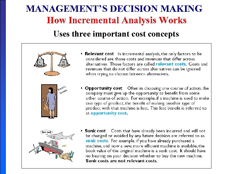MANAGEMENT’S DECISION MAKING How Incremental Analysis Works Uses three important cost concepts 