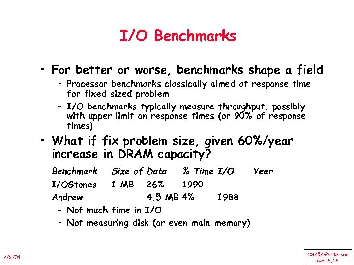 I/O Benchmarks • For better or worse, benchmarks shape a field – Processor benchmarks