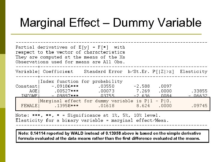 Marginal Effect – Dummy Variable Note: 0. 14114 reported by WALD instead of 0.