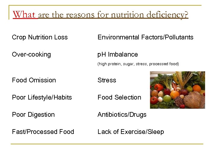 What are the reasons for nutrition deficiency? Crop Nutrition Loss Environmental Factors/Pollutants Over-cooking p.