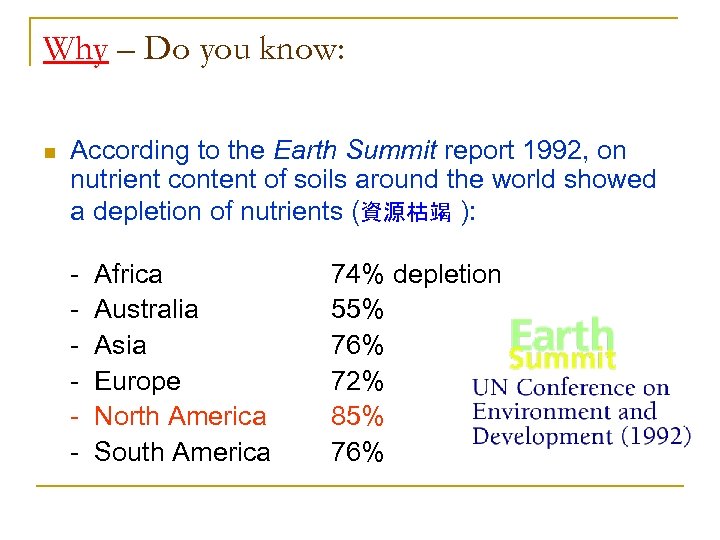 Why – Do you know: n According to the Earth Summit report 1992, on