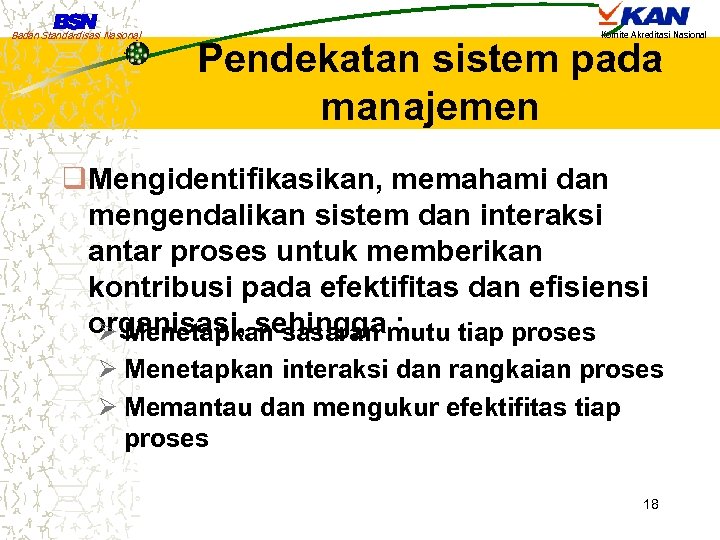 Badan Standardisasi Nasional Komite Akreditasi Nasional Pendekatan sistem pada manajemen q. Mengidentifikasikan, memahami dan