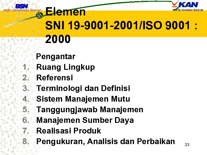 Badan Standardisasi Nasional Elemen SNI 19 -9001 -2001/ISO 9001 : 2000 Komite Akreditasi Nasional