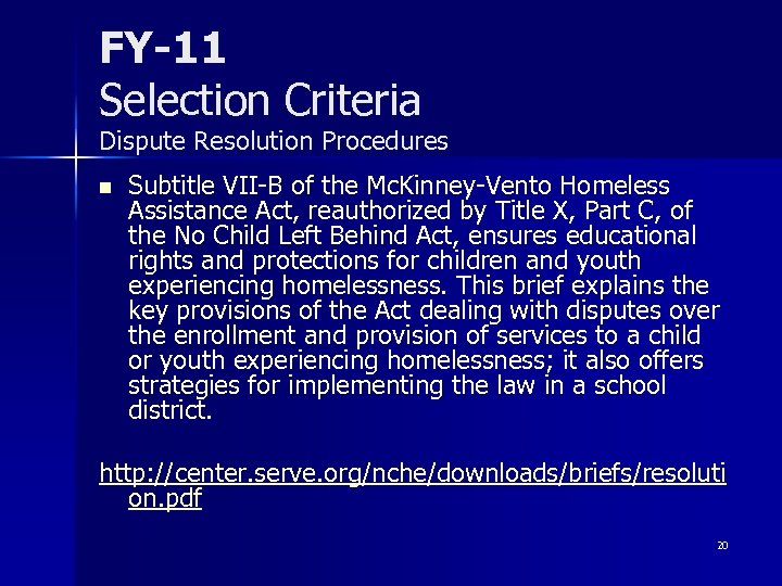 FY-11 Selection Criteria Dispute Resolution Procedures n Subtitle VII-B of the Mc. Kinney-Vento Homeless