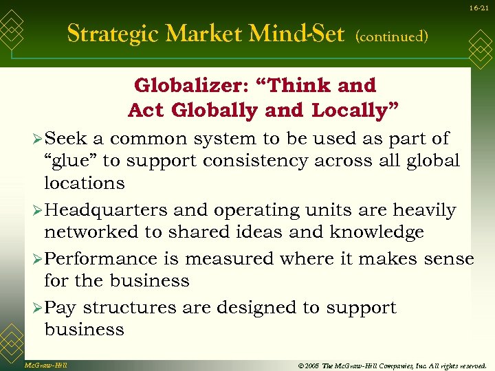 16 -21 Strategic Market Mind-Set (continued) Globalizer: “Think and Act Globally and Locally” ØSeek