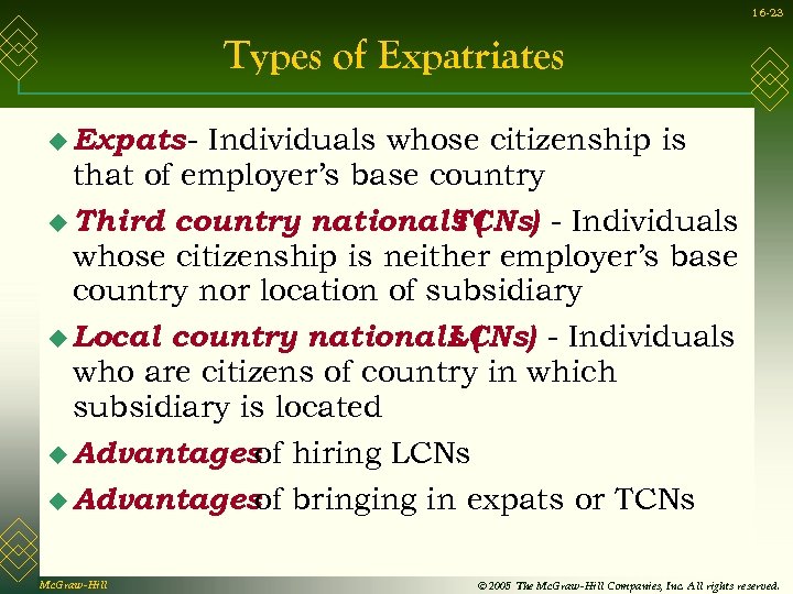 16 -23 Types of Expatriates u Expats - Individuals whose citizenship is that of