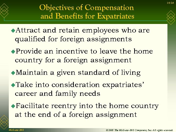Objectives of Compensation and Benefits for Expatriates 16 -24 u. Attract and retain employees