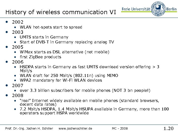 History of wireless communication VI • 2002 • WLAN hot-spots start to spread •