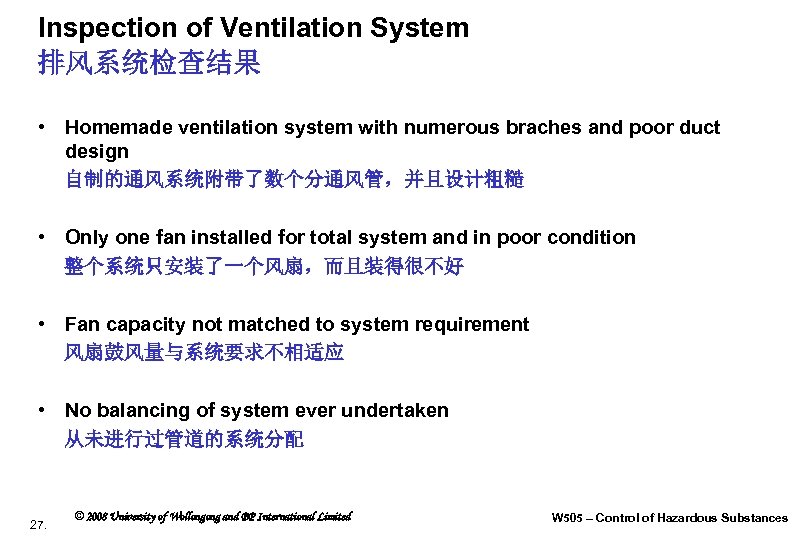 Inspection of Ventilation System 排风系统检查结果 • Homemade ventilation system with numerous braches and poor