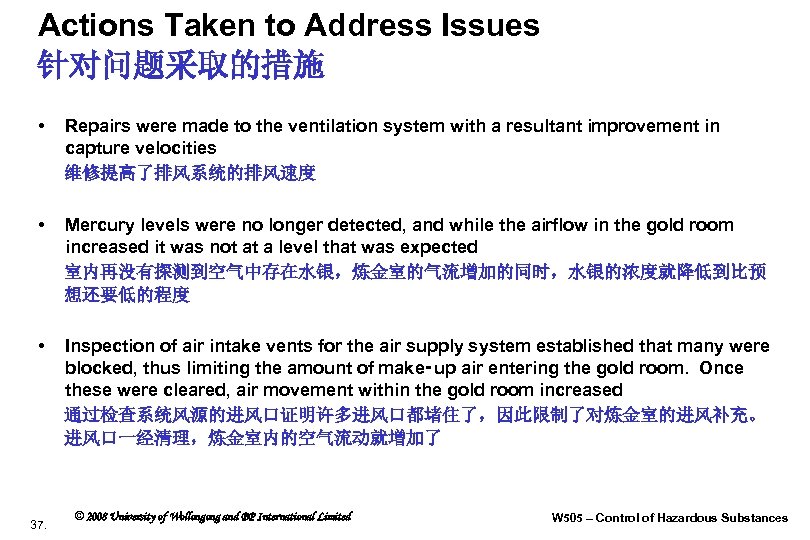 Actions Taken to Address Issues 针对问题采取的措施 • Repairs were made to the ventilation system