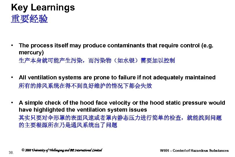 Key Learnings 重要经验 • The process itself may produce contaminants that require control (e.
