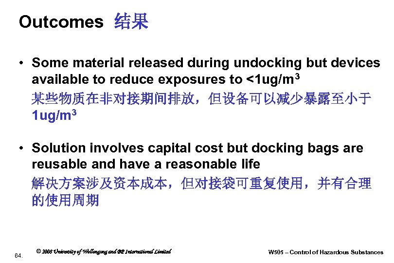 Outcomes 结果 • Some material released during undocking but devices available to reduce exposures