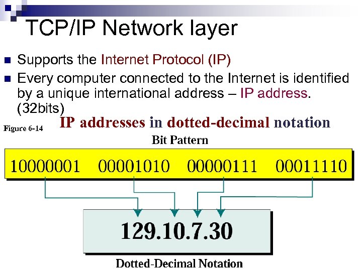 TCP/IP Network layer n n Supports the Internet Protocol (IP) Every computer connected to