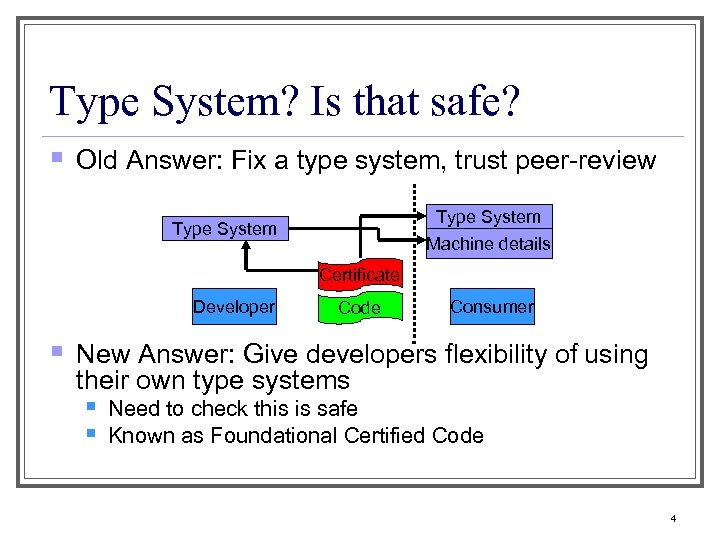 Type System? Is that safe? § Old Answer: Fix a type system, trust peer-review