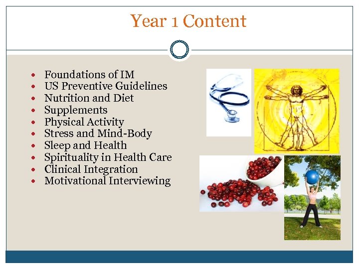 Year 1 Content Foundations of IM US Preventive Guidelines Nutrition and Diet Supplements Physical